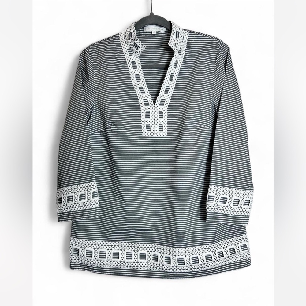 Preston & York Grey and White Striped Tunic with Lace Trim